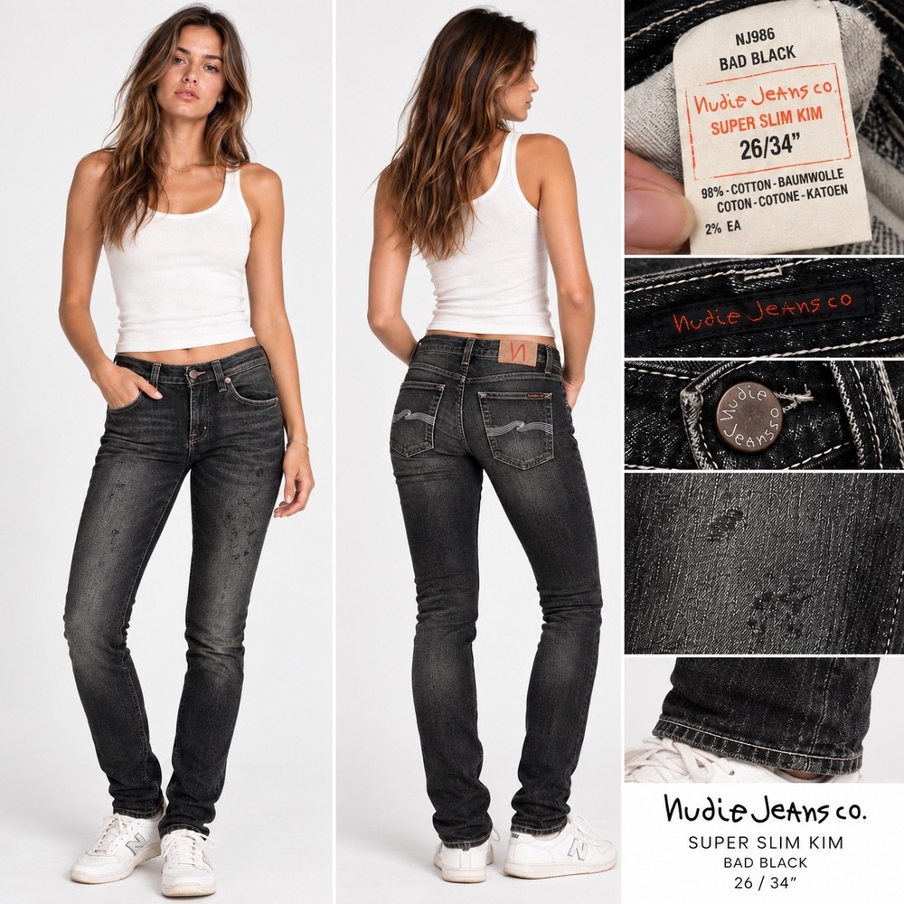Nudie Jeans Co Super Slim Kim Bad Black Distressed Stretch Jeans 26/34 Deadstock